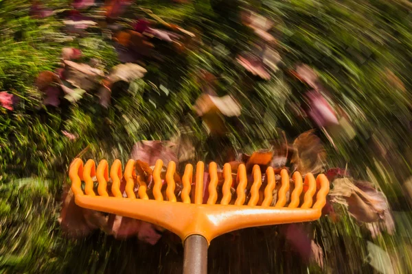Rozmazání pohybem na oranžové zahradní hrábě listí — Stock fotografie