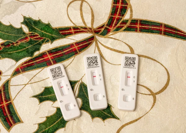 Three self-test kit for Covid-19 showing negative result at Xmas — Stock Photo, Image