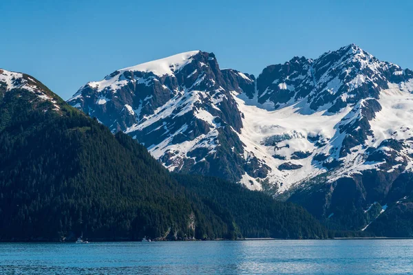 Bateaux Pêche Dans Baie Sous Neige Pic Couvert Montagne Près — Photo