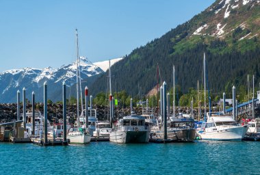 Seward, Alaska - 3 Haziran 2022: Alaska 'daki Seward limanında küçük tekneler