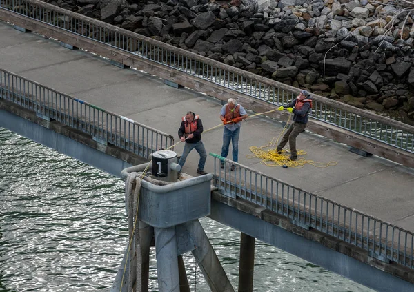 Skagway June 2022 Dock Workers Hauling Heavy Ropes Secure Cruise — Stock Photo, Image