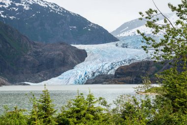 Alaska 'daki Juneau Gölü' ne yaklaşan Mendenhall Buzulu 'ndaki çatlakları kapatın.