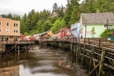 Ketchikan, AK - 10 June 2022: Famous Creek Street boardwalk and shops in Ketchikan Alaska