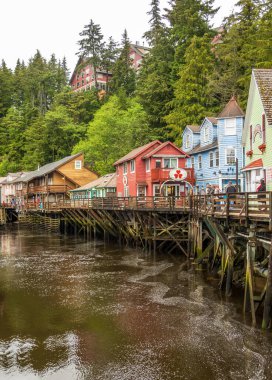 Ketchikan, AK - 10 June 2022: Famous Creek Street boardwalk and shops in Ketchikan Alaska