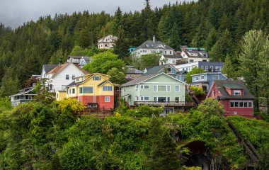Colorful wooden homes and houses on the hillside above the harbor in Ketchikan Alaska