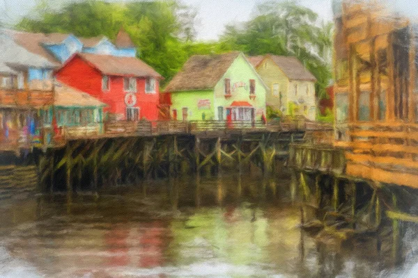 Impressionistic painting of the famous Creek Street boardwalk and shops in Ketchikan Alaska