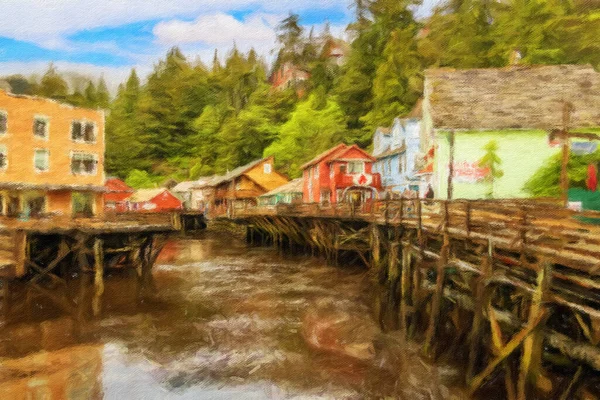 Impressionistic oil painting of the famous Creek Street boardwalk and shops in Ketchikan Alaska. Digital art of the scene