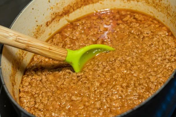 Spoon Simmering Pot Home Made Ragu Ragout Cast Iron Pot — Stock Photo, Image