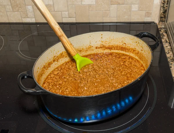 Spoon Simmering Pot Home Made Ragu Ragout Cast Iron Pot — Stock Fotó
