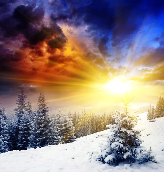 Sonnenuntergang in der winterlichen Bergwelt. — Stockfoto