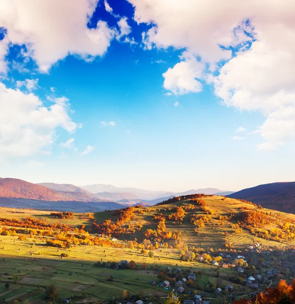 Montagna di mattina paesaggio con bosco colorato e cielo blu — Foto Stock