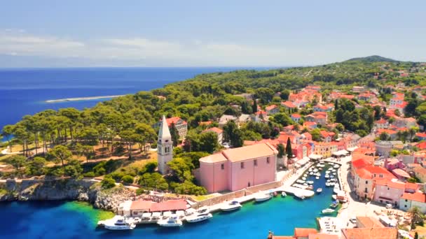 Shooting Drone Azure Bay Town Veli Losinj Sunny Day Croatia — Stock Video