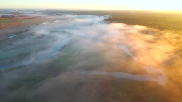 Стрельба Квадрокоптера Туманной Равнине Рассвете Съемки Видео Дрона — стоковое видео