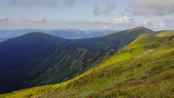 Het Ochtendzonlicht Verlicht Bergketens Locatie Plaatsen Karpaten Bergen Oekraïne Europa — Stockvideo