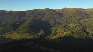 Güneşli bir günde yeşil alp çayırlarıyla muhteşem bir dağ vadisi. Karpat Dağları, Ukrayna, Avrupa. Sinematik hava çekimi. Toprağın güzelliğini keşfedin. 4k, İHA videosu ile çekilmiştir..
