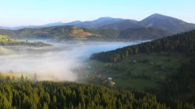 İnsansız hava aracı güneşin doğuşunda sisli bir vadide uçuyor. Karpat Dağları, Ukrayna, Avrupa. Sinematik hava çekimi. Toprağın güzelliğini keşfedin. 4k, İHA videosu ile çekilmiştir..