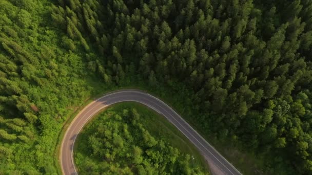 Vista Superior Quadricóptero Que Voa Sobre Uma Estrada Sinuosa Que — Vídeo de Stock