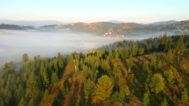 Dron Przelatuje Nad Górską Wioską Pokrytą Poranną Mgłą Miejsce Pobytu — Wideo stockowe