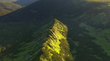 İnsansız hava aracı bir yaz günü güneşin aydınlattığı yeşil tepelerin üzerinde uçar. 4k, İHA videosu ile çekilmiştir..