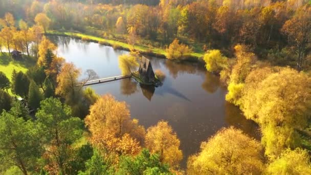 Wooden Old Fisherman House Small Island Autumn Park Filmed Drone — Stock Video