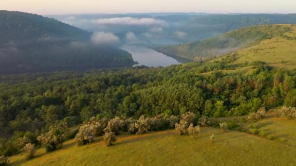 Aufnahmen Von Einer Drohne Der Nebligen Morgenlandschaft Des Dnjestr Gefilmt — Stockvideo