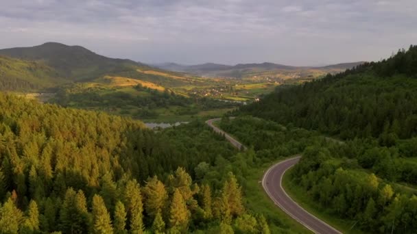 ドローンは山道を通る曲がりくねった道を飛ぶ 場所カルパチア山脈 ウクライナ ヨーロッパ 空中での撮影 世界の美しさを探る 4Kで撮影されたドローンビデオ — ストック動画
