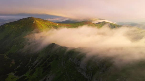 Drone Vuela Sobre Niebla Que Cubre Las Montañas Luz Mañana — Vídeo de stock