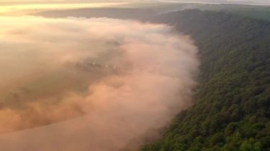 Dinyester Nehri 'nin sisli bir sabahının insansız hava aracından ateş etmek. Sinematik hava çekimi. Yeri Dnister Kanyonu, Ukrayna, Avrupa. Toprağın güzelliğini keşfedin. 4k, İHA videosu ile çekilmiştir..