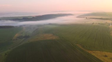 Sisli bir tarım arazisinin insansız hava aracından ateş etmek. 4k, İHA videosu ile çekilmiştir..