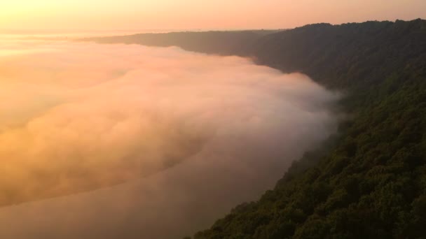 ドニエスター川の霧深い朝の風景のドローンから撮影 4Kで撮影 — ストック動画