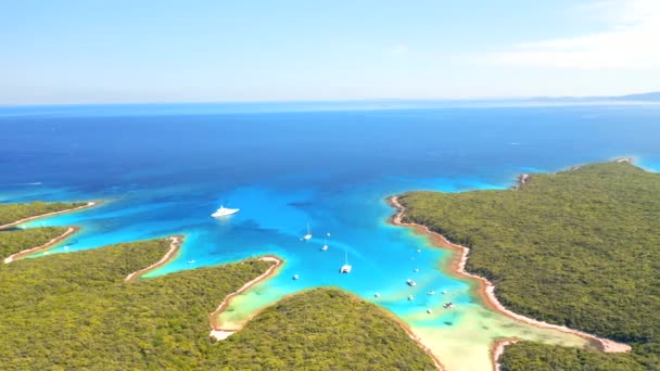 Drone Voa Sobre Baía Azul Com Veleiros Dia Ensolarado Filmado — Vídeo de Stock