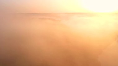 İnsansız hava aracı güneş doğarken sisle kaplı bir çayırın üzerinde uçuyor. 4k, İHA videosu ile çekilmiştir..