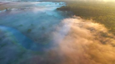 Şafak vakti sisli bir ovada bir kuadkopterden ateş etmek. 4k, İHA videosu ile çekilmiştir..