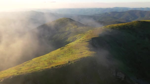 Κηφήνας Πετά Πάνω Από Την Ομίχλη Που Καλύπτει Βουνά Πρωί — Αρχείο Βίντεο