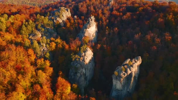 Drohne Fliegt Einem Sonnigen Tag Über Epische Kalksteinfelsen Standort Dovbush — Stockvideo