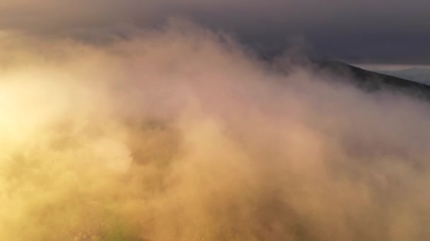 Drone Flies Fog Covers Mountains Morning Light Filmed Drone Video — Stock Video