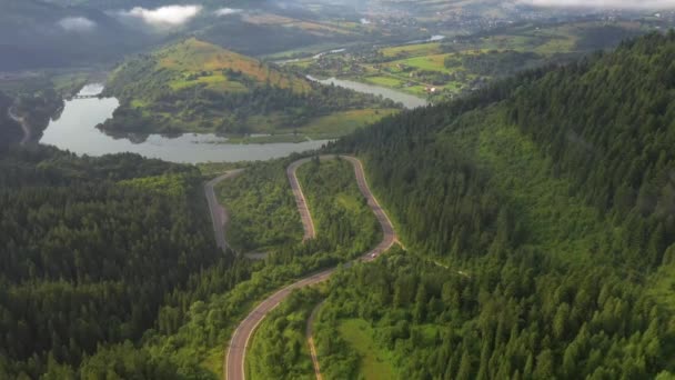 Widok Góry Quadcoptera Przelatującego Nad Krętą Drogą Miejsce Pobytu Karpaty — Wideo stockowe