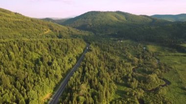 İnsansız hava aracı bir dağ ormanının içinden geçen dolambaçlı bir yolda uçuyor. 4k, İHA videosu ile çekilmiştir..