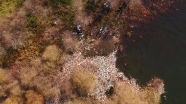 Drone, Forest Lake kıyısındaki atıkların üzerinde uçuyor. Sinematik hava çekimi.