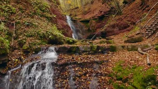 Drone Voando Uma Floresta Verde Selvagem Acima Uma Cachoeira Encantadora — Vídeo de Stock