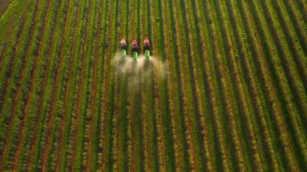 Jordbruksmaskiner Som Sprayer Frukthager Med Ugressmidler Plantevernmidler Ved Solnedgang Filmet – stockvideo