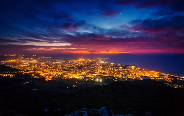 Fantastic Aerial View City Illuminated Lights Dramatic Picturesque Scene Location — Stock Photo, Image