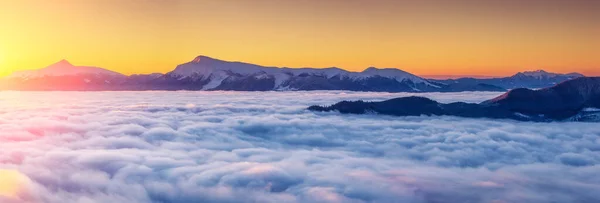 雄伟的雾蒙蒙的风景在晨曦中闪烁着光芒 戏剧化和风景如画的冬季场景 欧洲乌克兰喀尔巴阡山 美丽的世界安装调音效果 新年快乐 — 图库照片