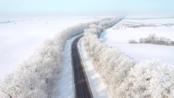 Dron Vuela Sobre Carretera Que Pasa Través Campos Nevados Día — Vídeo de stock