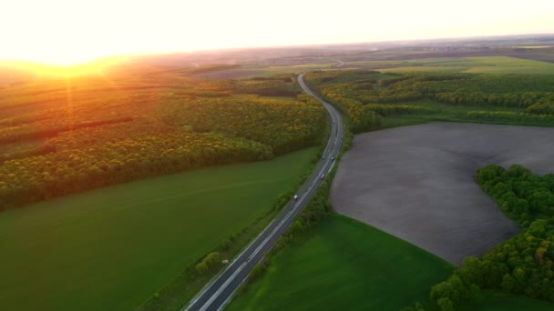 そのドローンは夕方に高速道路と緑の畑を飛ぶ Uhd 4Kビデオで撮影 — ストック動画