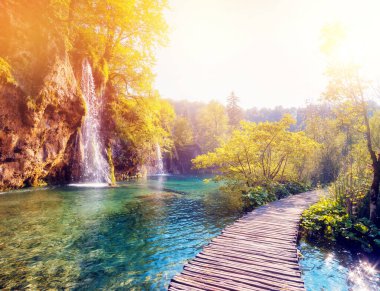 Gölün görkemli manzarası ve Plitvice Gölleri Ulusal Parkı 'ndaki güneşli ışınlar. Hırvatistan. Avrupa. Dramatik bir sahne. Güzellik dünyası. Çapraz işlenmiş retro ve vintage tarzı. Instagram tonlama etkisi. Yumuşak filtre