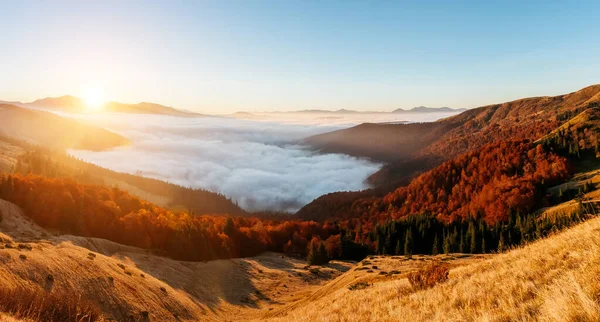 Wspaniały Widok Wzgórza Świecące Słońcem Zmierzchu Dramatyczna Malownicza Poranna Scena — Zdjęcie stockowe