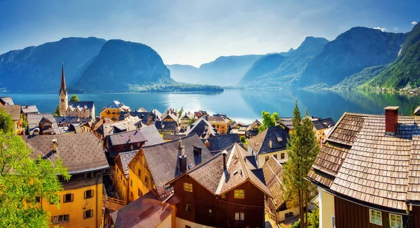 Great Views Lake Hallstatter Hallstatt Lutheran Church Picturesque Gorgeous Scene — Stock Photo, Image