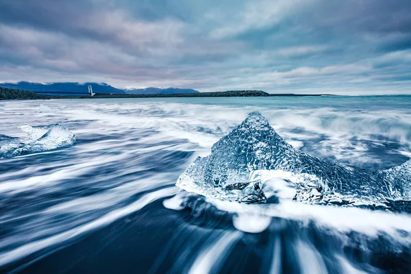 Gran Vista Los Fragmentos Hielo Sobre Arena Negra Atracción Turística — Foto de Stock