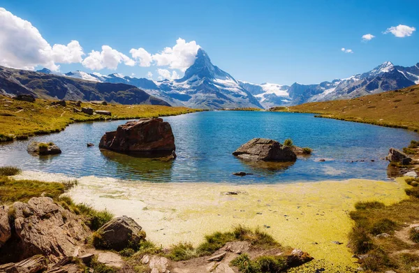 Grand Panorama Avec Célèbre Sommet Cervin Dans Vallée Alpine Attraction — Photo